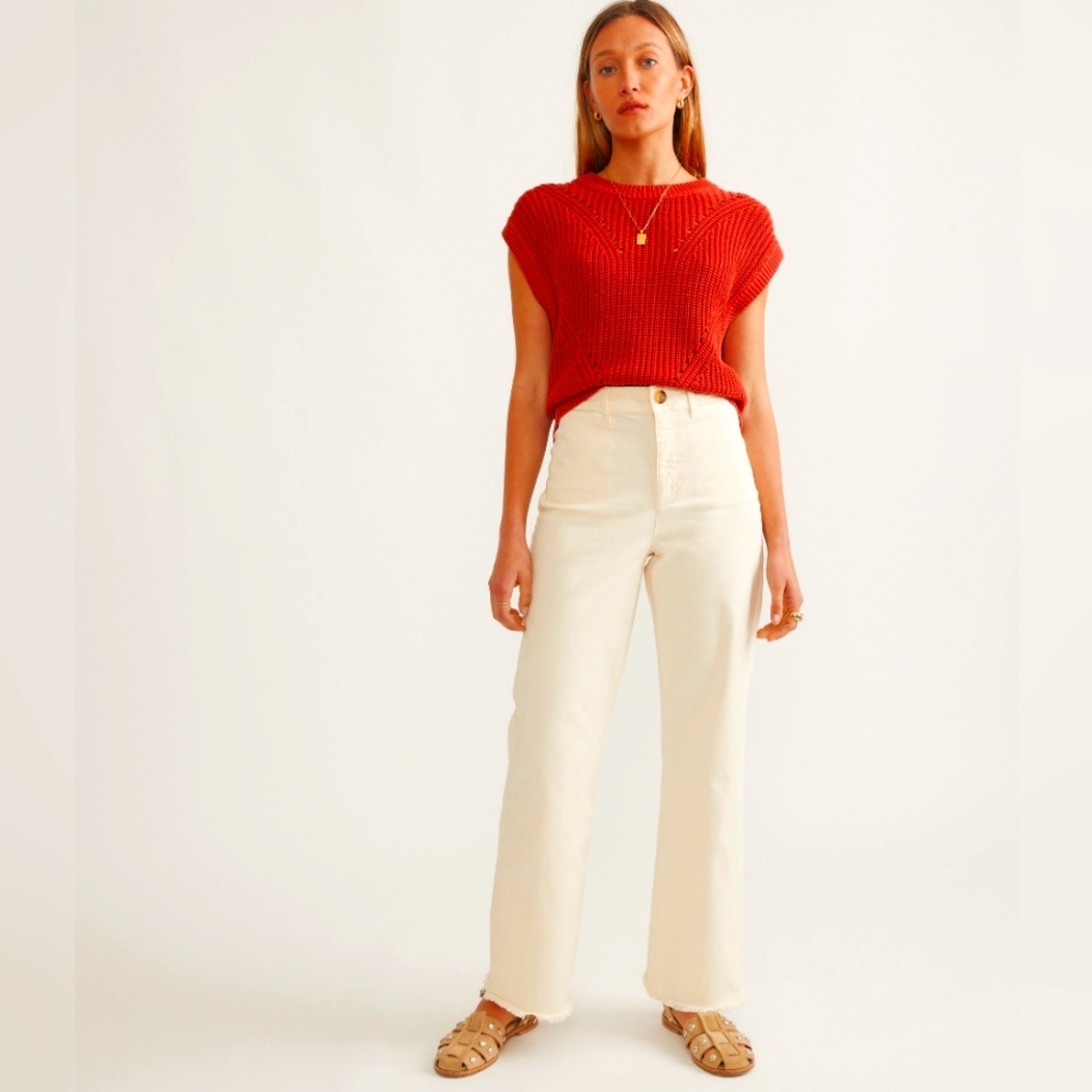 NWT Marine Layer Pants Women 14 Wide Leg Full Length Raw Edge Bridget Cream $138